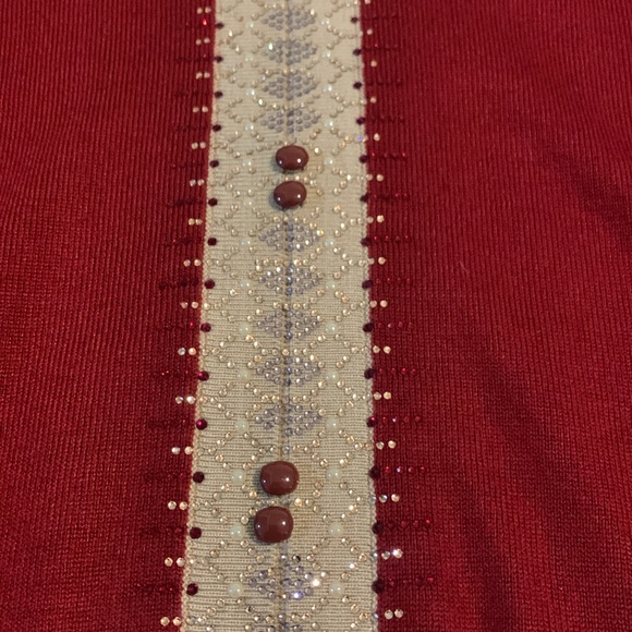 Red Merino Wool Sweater w/ Cream Rhinestone Knit Collar/Lining Sz L/XL - Picture 4 of 8